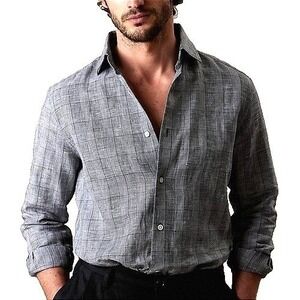Banana Republic Tailored Slim Linen Dress Shirt Men L Gray Glen Plaid Cotton